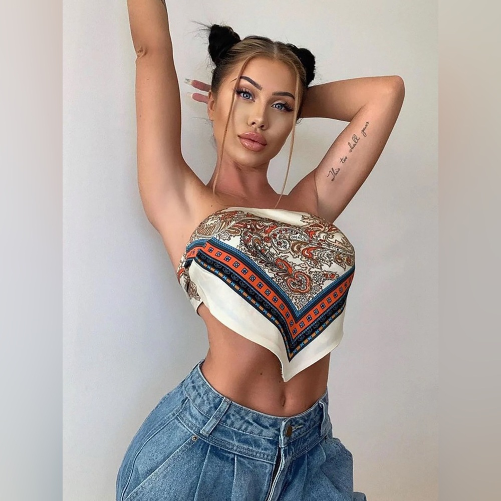 Gold and Blue Asymmetrical Crop Top with Tie Front